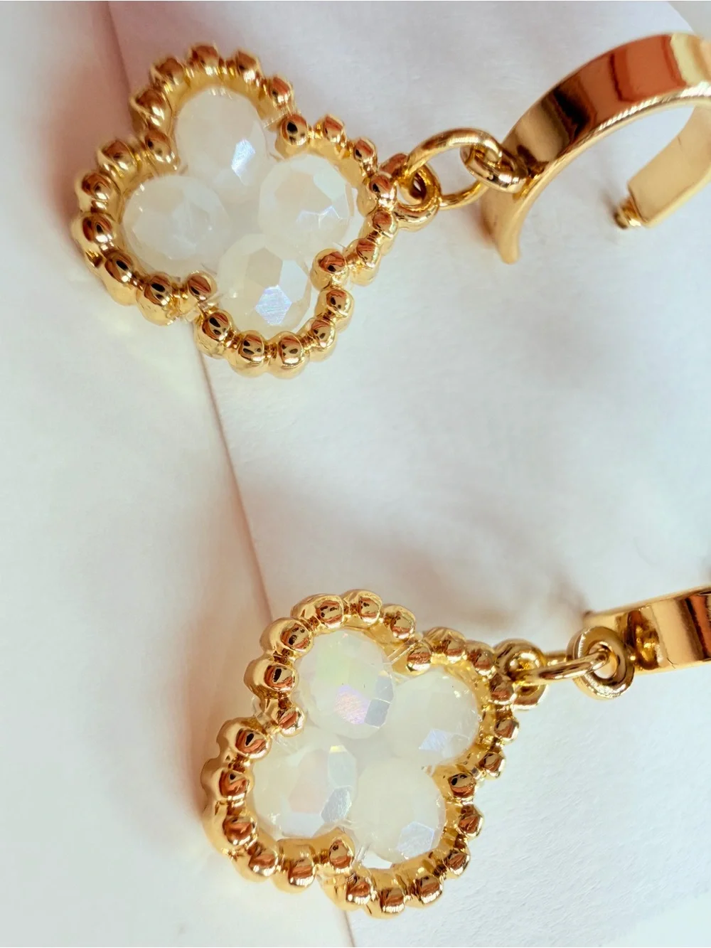 Gold Clover Drop Earrings with Opalescent Stones